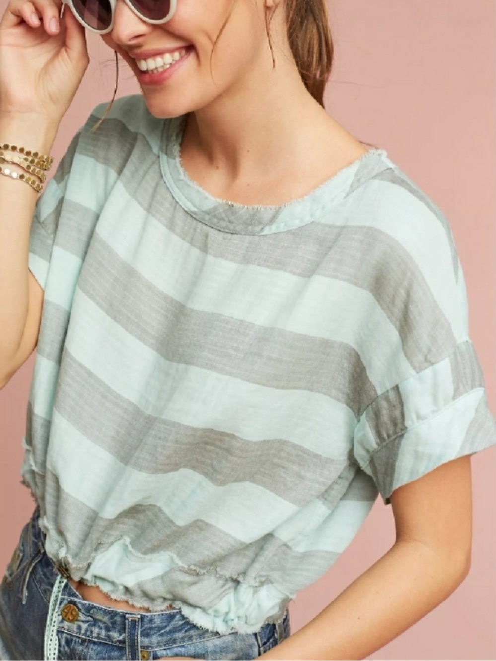 Anthropologie Akemi + Kin Cropped Tshirt Striped Cotton Teal Blue Gray Medium